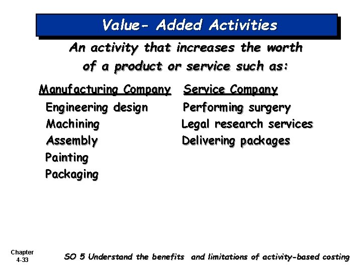 Value- Added Activities An activity that increases the worth of a product or service