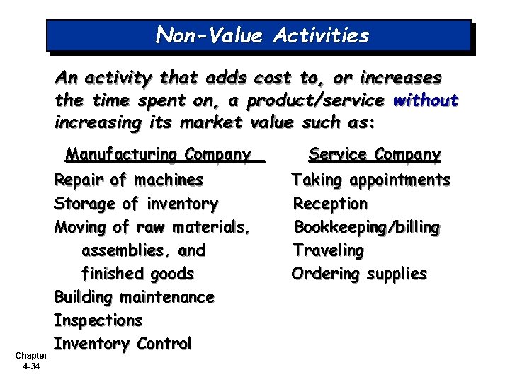 Non-Value Activities An activity that adds cost to, or increases the time spent on,