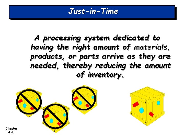 Just-in-Time A processing system dedicated to having the right amount of materials, products, or