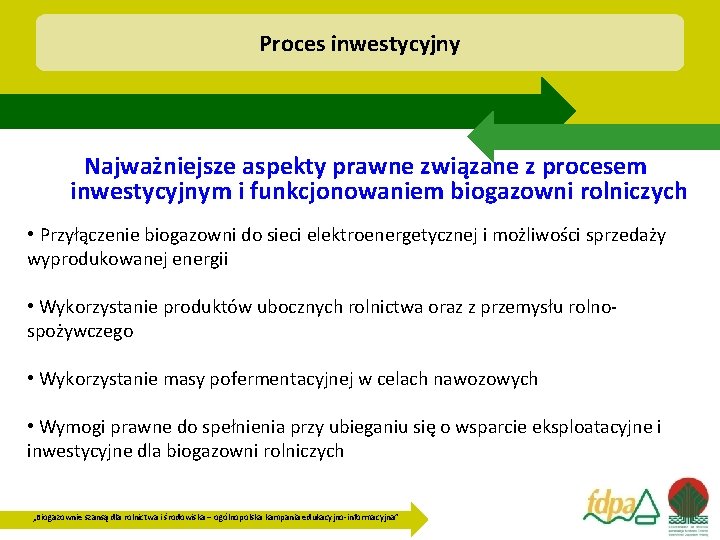Proces inwestycyjny Najważniejsze aspekty prawne związane z procesem inwestycyjnym i funkcjonowaniem biogazowni rolniczych •