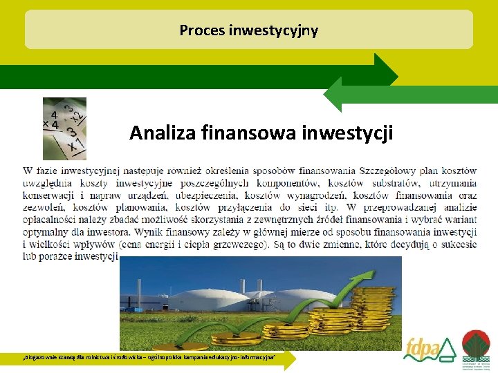 Proces inwestycyjny Analiza finansowa inwestycji „Biogazownie szansą dla rolnictwa i środowiska – ogólnopolska kampania