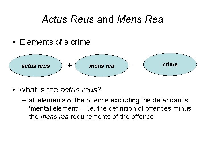 Actus Reus and Mens Rea • Elements of a crime actus reus + mens