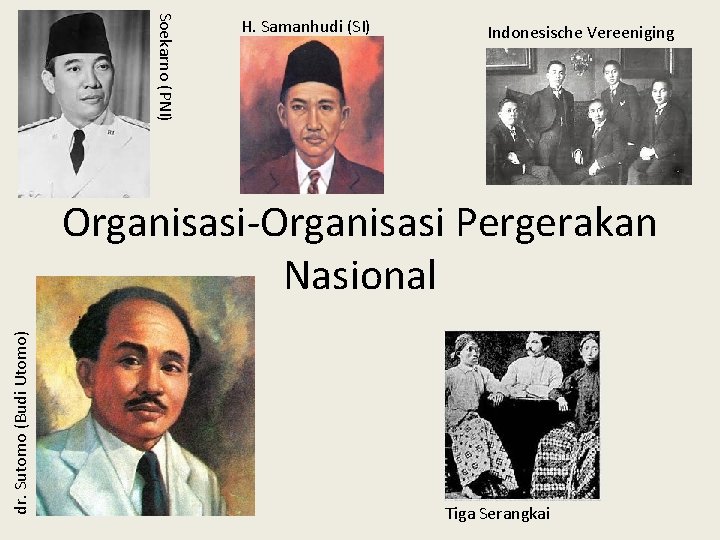 Soekarno (PNI) H. Samanhudi (SI) Indonesische Vereeniging dr. Sutomo (Budi Utomo) Organisasi-Organisasi Pergerakan Nasional