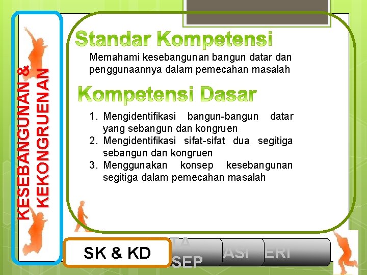 KESEBANGUNAN & KEKONGRUENAN Memahami kesebangunan bangun datar dan penggunaannya dalam pemecahan masalah 1. Mengidentiﬁkasi