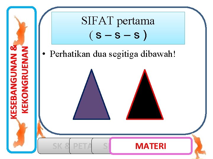 KESEBANGUNAN & KEKONGRUENAN SIFAT pertama (s–s–s) • Perhatikan dua segitiga dibawah! SK & PETA