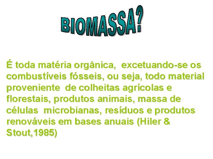 É toda matéria orgânica, excetuando-se os combustíveis fósseis, ou seja, todo material proveniente de