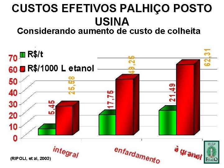 CUSTOS EFETIVOS PALHIÇO POSTO USINA Considerando aumento de custo de colheita (RIPOLI, et al,