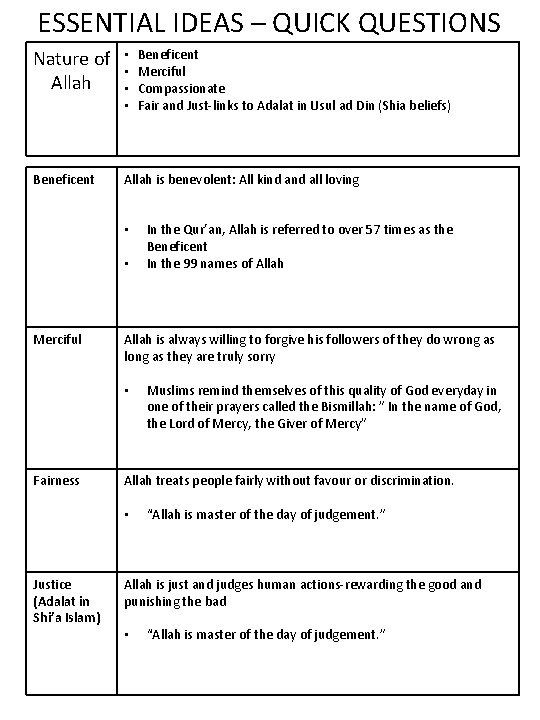 ESSENTIAL IDEAS – QUICK QUESTIONS Nature of Allah • • Beneficent Allah is benevolent: