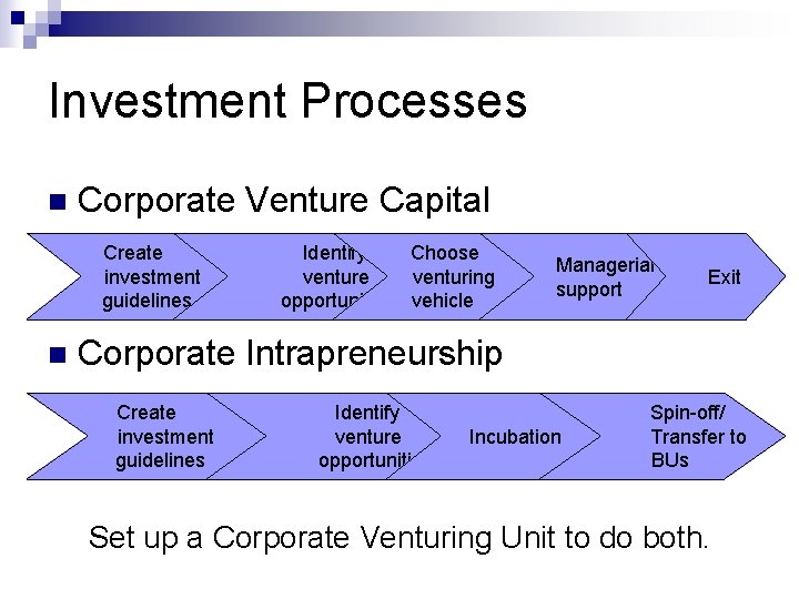 Investment Processes n Corporate Venture Capital Create investment guidelines n Identify Choose venturing opportunities