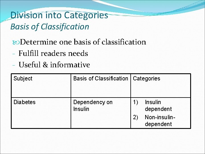 Division into Categories Basis of Classification Determine one basis of classification - Fulfill readers