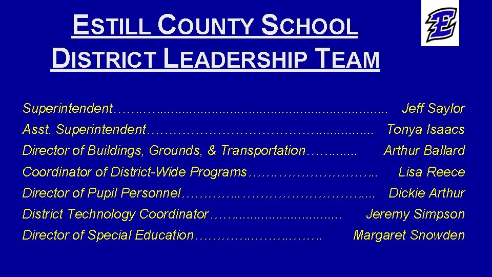 ESTILL COUNTY SCHOOL DISTRICT LEADERSHIP TEAM Superintendent……. . . . Jeff Saylor Asst. Superintendent………………….