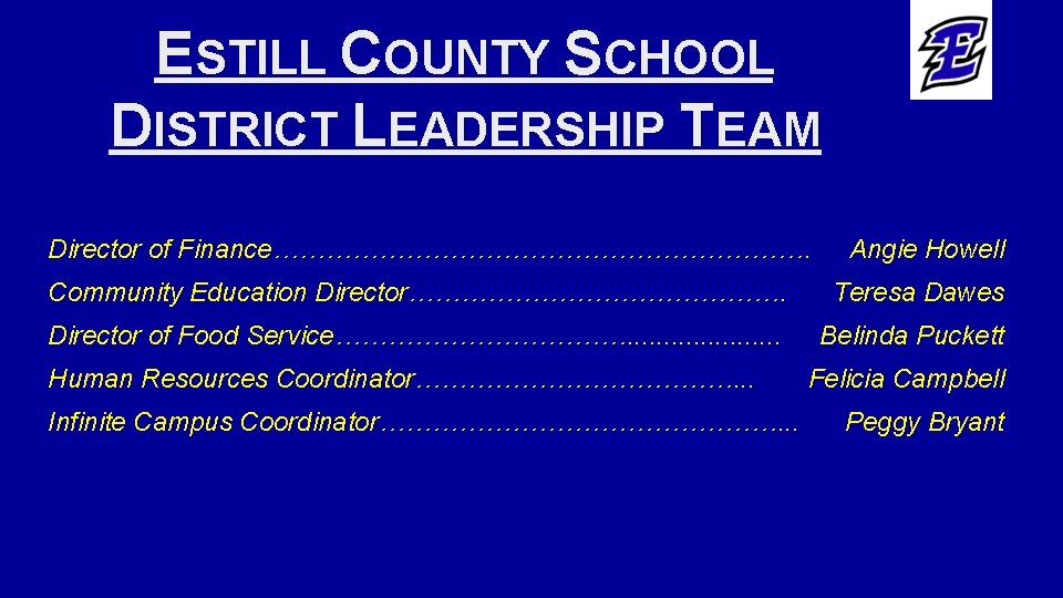 ESTILL COUNTY SCHOOL DISTRICT LEADERSHIP TEAM Director of Finance…………………………. Angie Howell Community Education Director………………….