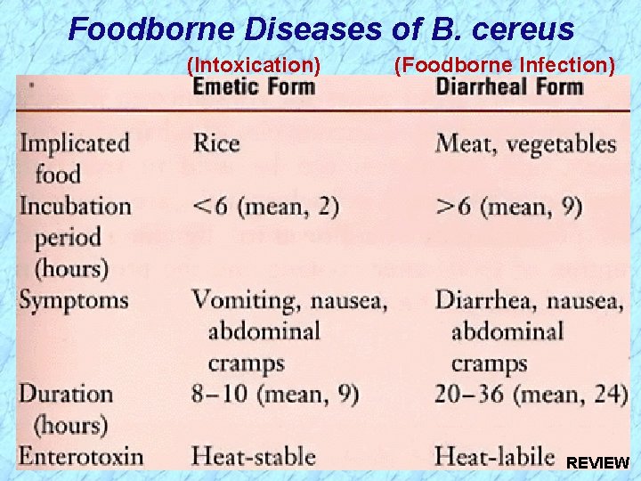 Foodborne Diseases of B. cereus (Intoxication) (Foodborne Infection) REVIEW 