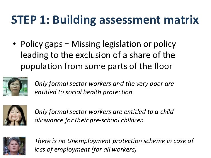 STEP 1: Building assessment matrix • Policy gaps = Missing legislation or policy leading