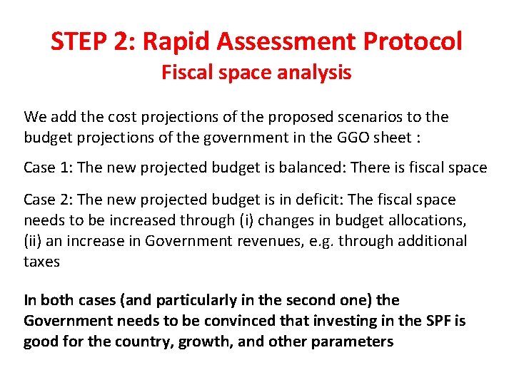 STEP 2: Rapid Assessment Protocol Fiscal space analysis We add the cost projections of