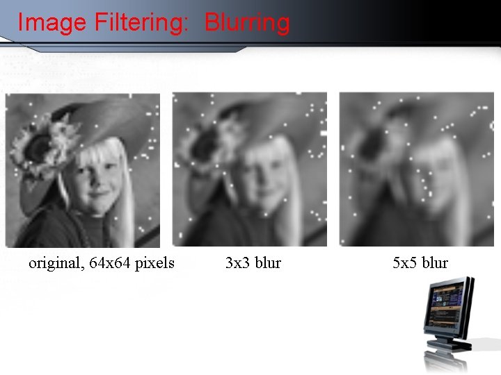 Image Filtering: Blurring original, 64 x 64 pixels 3 x 3 blur 5 x