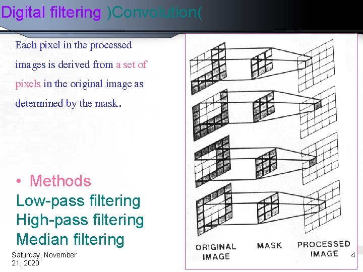 Digital filtering )Convolution( Each pixel in the processed images is derived from a set
