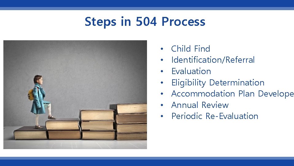 Steps in 504 Process • • Child Find Identification/Referral Evaluation Eligibility Determination Accommodation Plan