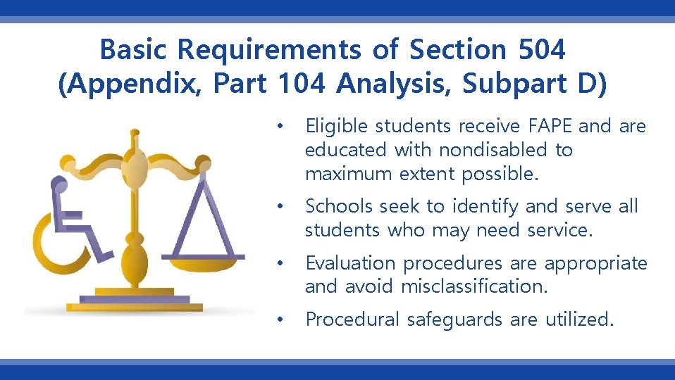 Basic Requirements of Section 504 (Appendix, Part 104 Analysis, Subpart D) • Eligible students