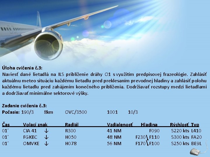 Úloha cvičenia č. 3: Naviesť dané lietadlá na ILS priblíženie dráhy O 1 s