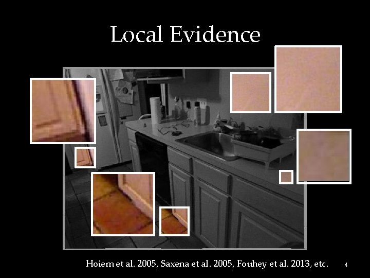 Local Evidence Hoiem et al. 2005, Saxena et al. 2005, Fouhey et al. 2013,