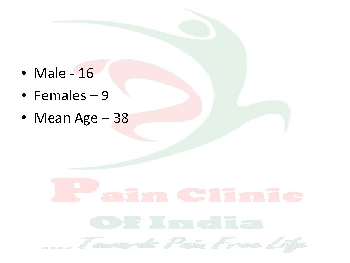  • Male - 16 • Females – 9 • Mean Age – 38