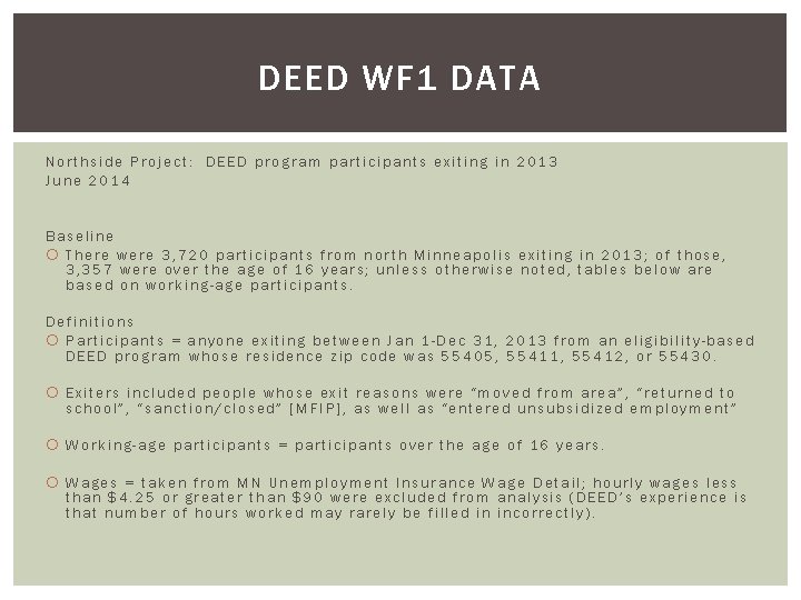 DEED WF 1 DATA Northside Project: DEED program participants exiting in 2013 June 2014