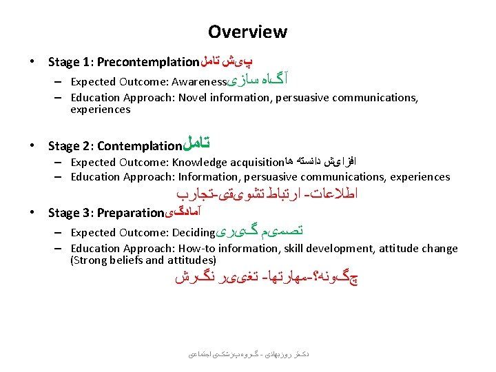 Overview • Stage 1: Precontemplation پیﺶ ﺗﺎﻣﻞ – Expected Outcome: Awareness ﺳﺎﺯی آگﺎﻩ –