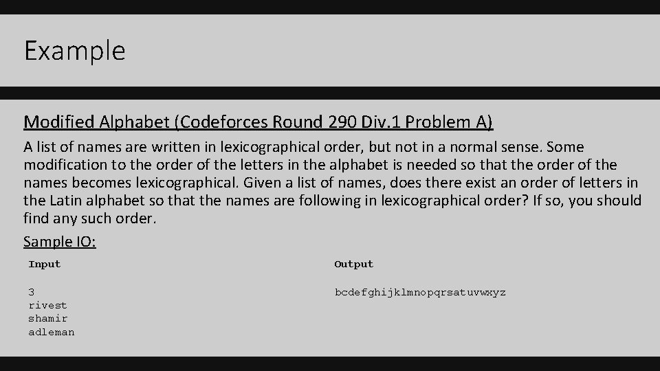 Example Modified Alphabet (Codeforces Round 290 Div. 1 Problem A) A list of names Example Modified Alphabet (Codeforces Round 290 Div. 1 Problem A) A list of names