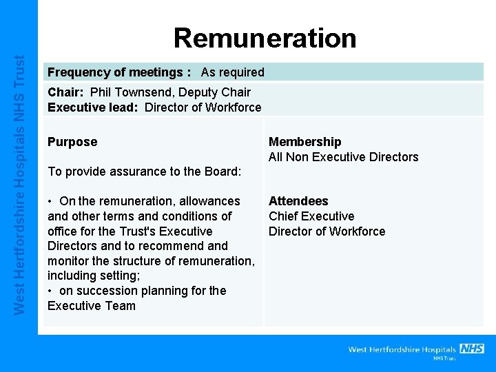 West Hertfordshire Hospitals NHS Trust Remuneration Frequency of meetings : As required Chair: Phil