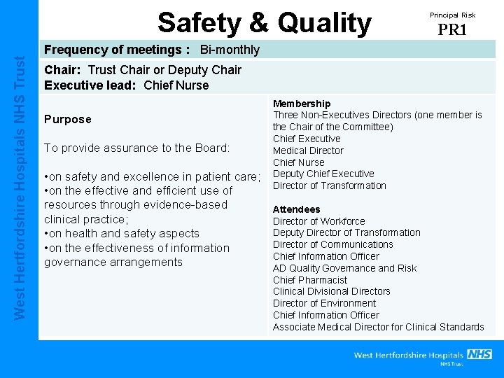 West Hertfordshire Hospitals NHS Trust Safety & Quality Principal Risk PR 1 Frequency of