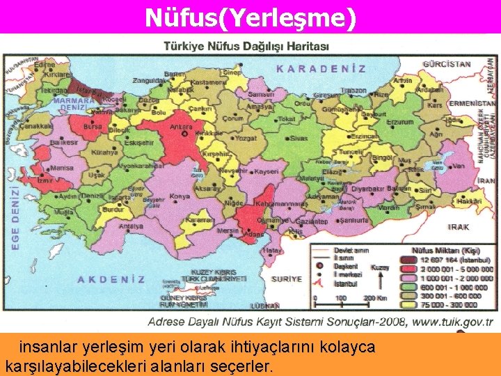 Nüfus(Yerleşme) insanlar yerleşim yeri olarak ihtiyaçlarını kolayca karşılayabilecekleri alanları seçerler. 