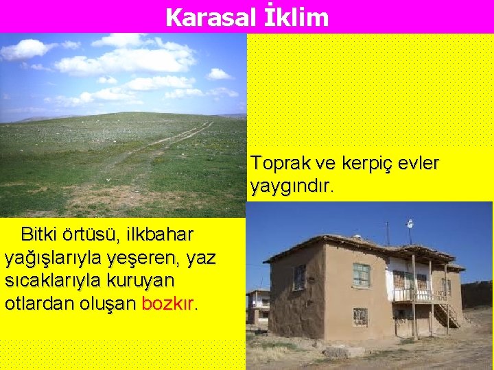 Karasal İklim Toprak ve kerpiç evler yaygındır. Bitki örtüsü, ilkbahar yağışlarıyla yeşeren, yaz sıcaklarıyla