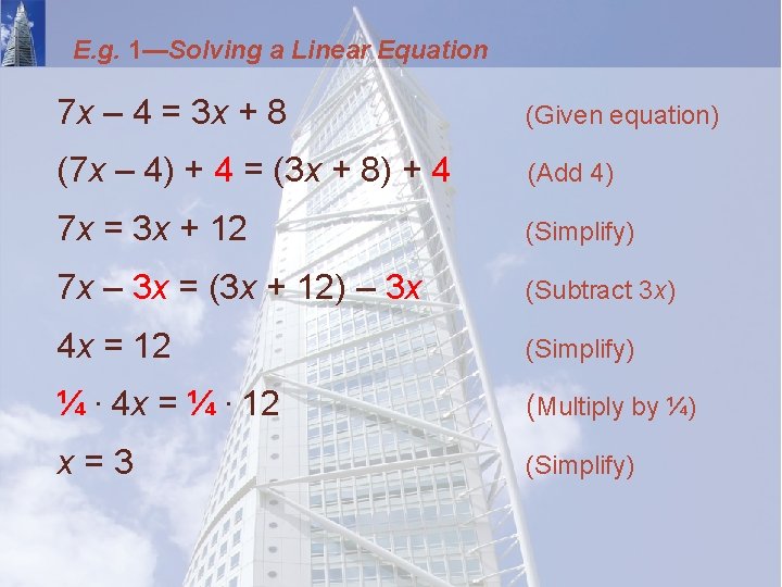 E. g. 1—Solving a Linear Equation 7 x – 4 = 3 x +