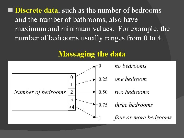 n Discrete data, such as the number of bedrooms and the number of bathrooms,