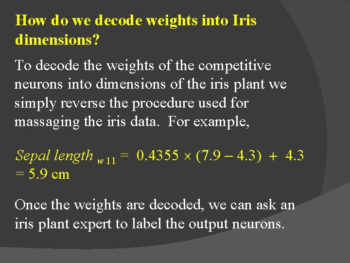 How do we decode weights into Iris dimensions? To decode the weights of the