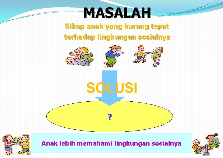 MASALAH Sikap anak yang kurang tepat terhadap lingkungan sosialnya SOLUSI ? Anak lebih memahami