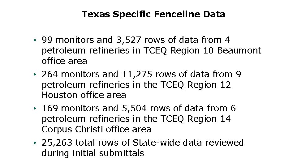 Texas Specific Fenceline Data • 99 monitors and 3, 527 rows of data from