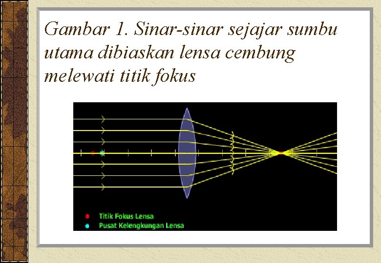 Gambar 1. Sinar-sinar sejajar sumbu utama dibiaskan lensa cembung melewati titik fokus 