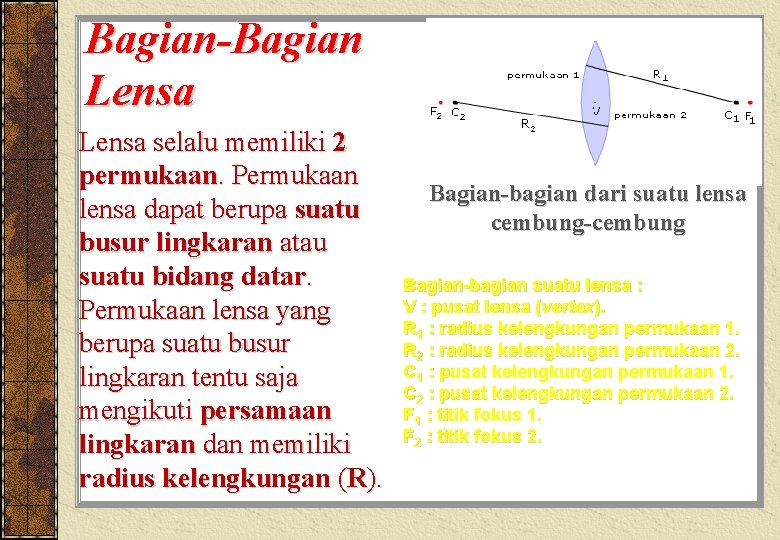 Bagian-Bagian Lensa selalu memiliki 2 permukaan. Permukaan lensa dapat berupa suatu busur lingkaran atau