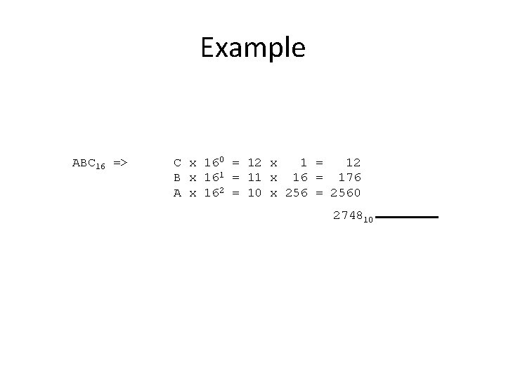 Example ABC 16 => C x 160 = 12 x 1 = 12 B