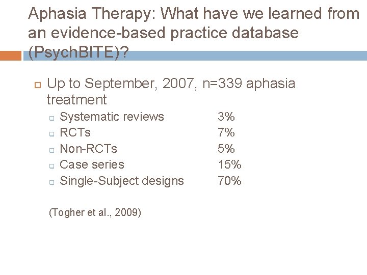 Aphasia Therapy: What have we learned from an evidence-based practice database (Psych. BITE)? Up