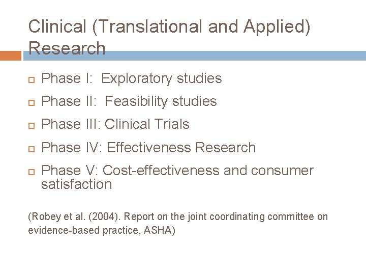 Clinical (Translational and Applied) Research Phase I: Exploratory studies Phase II: Feasibility studies Phase