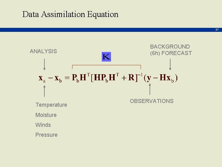 Data Assimilation Equation 37 ANALYSIS Temperature Moisture Winds Pressure BACKGROUND (6 h) FORECAST OBSERVATIONS
