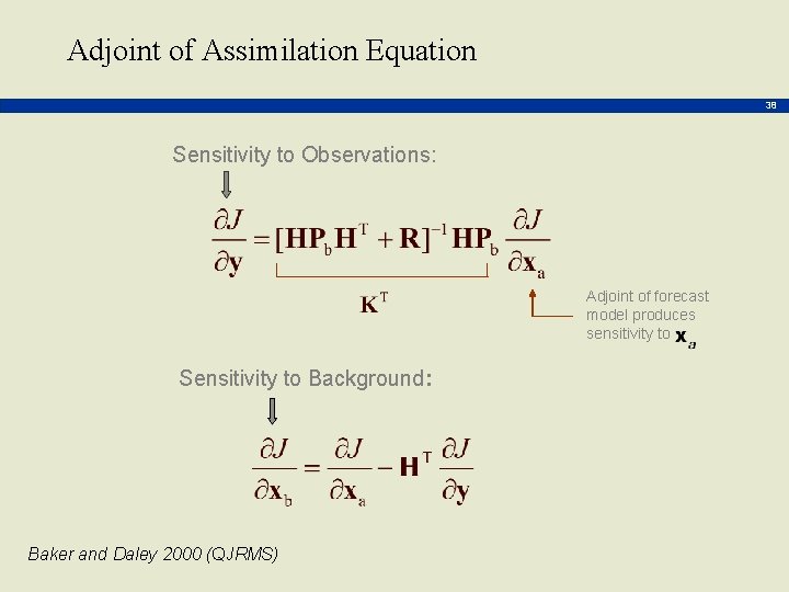 Adjoint of Assimilation Equation 38 Sensitivity to Observations: Adjoint of forecast model produces sensitivity