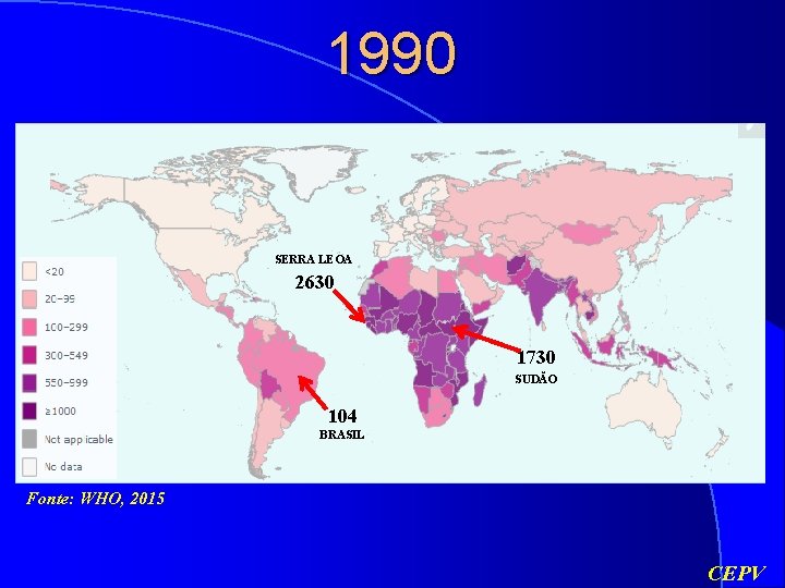1990 SERRA LEOA 2630 1730 SUDÃO 104 BRASIL Fonte: WHO, 2015 CEPV 
