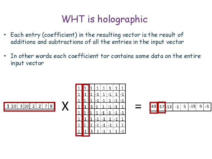 WHT is holographic • Each entry (coefficient) in the resulting vector is the result
