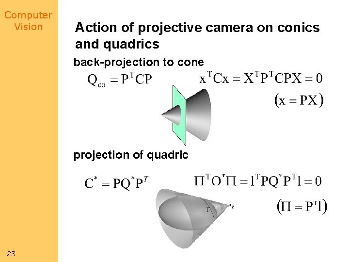 Computer Vision Action of projective camera on conics and quadrics back-projection to cone projection