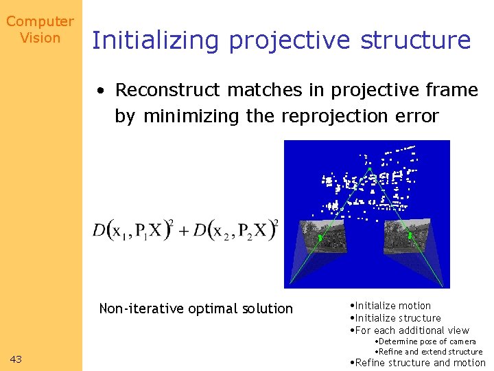 Computer Vision Initializing projective structure • Reconstruct matches in projective frame by minimizing the