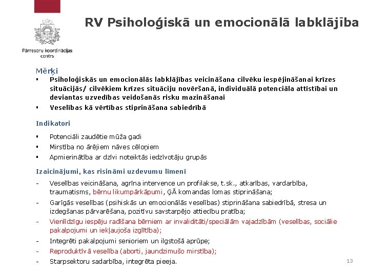 RV Psiholoģiskā un emocionālā labklājība Mērķi § Psiholoģiskās un emocionālās labklājības veicināšana cilvēku iespējināšanai